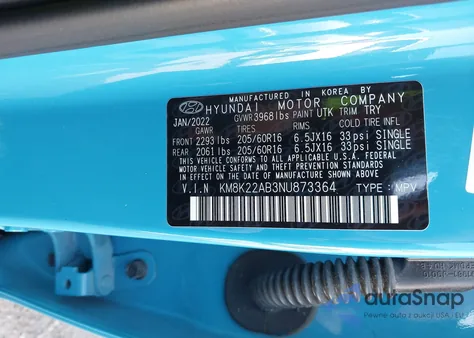 2022 Hyundai Kona Sel/Se from USA, damaged, VIN KM8K22AB3NU873364